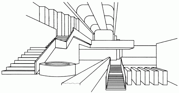 Räumliche Abbildung von innen gesehen, Projektion mit einem Fluchtpunkt und anderen Fluchtpunkten für schiefe Ebenen (Treppen)